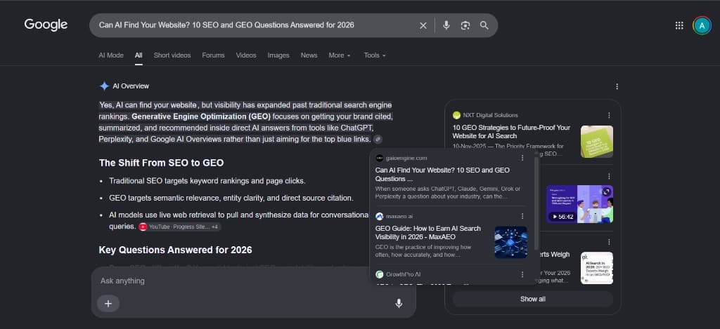 Google AI Overview result citing GaioEngine for a query about SEO and GEO questions for 2026.