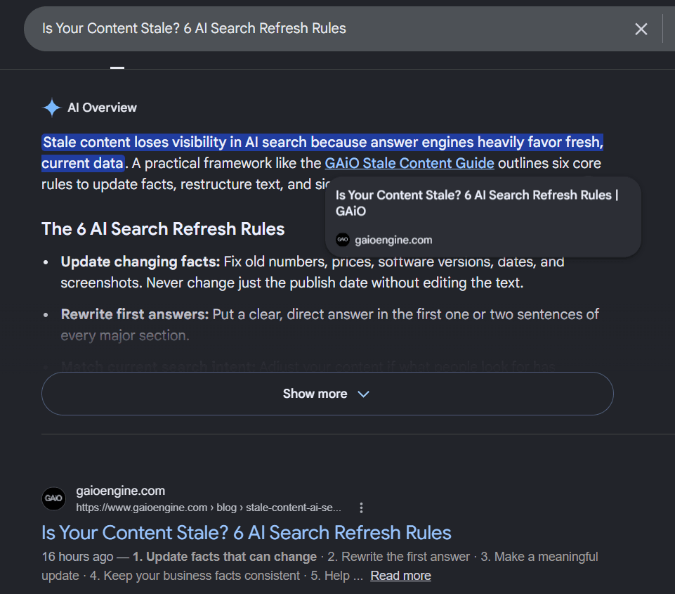 Google AI Overview result citing GaioEngine for a query about stale content and AI search refresh rules.